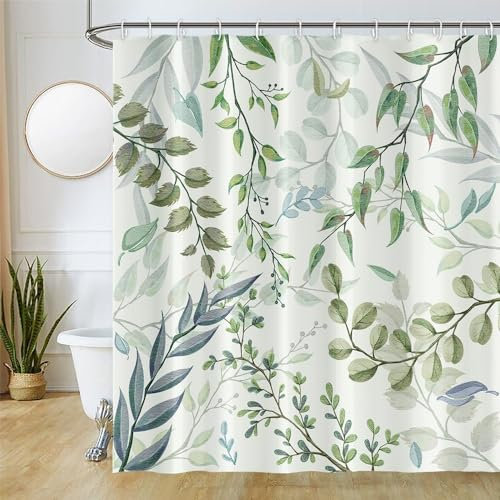 Uiiooazy Duschvorhang 180x220cm, Duschvorhang Grün Anti Schimmel Blau Grau Blätter Eukalyptus Pflanzen Duschvorhänge Wasserdicht Polyester Stoff Waschbar Bad Vorhang mit 12 Haken für Badezimmer