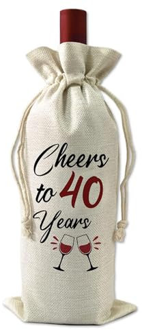 VELENTI 40th Birthday Wine Bag - Cheers to 40 Years - White Linen Drawstring Bag, 2 Wine Glasses - 15.8 cm x 36 cm - Birthday Gift for Men and Women
