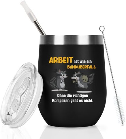 Livole Kleine Geschenke Kollegen Weihnachten, Abschiedskarte Kollegen Kollegin, Lustige Tasse - Arbeit ist wie ein Banküberfall - 12oz Edelstahl Weinbecher, 350ml Doppelwandig Kaffeebecher, Schwarz