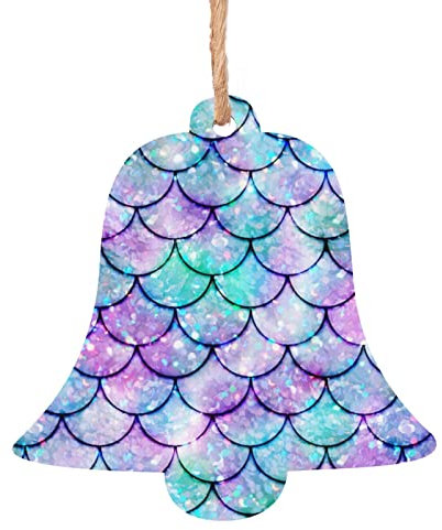Christbaumschmuck in Glockenform, Holz, 6 Stück, Weihnachtsdekoration, schöne Meerjungfrau-Fischschuppen, Türkisfarben