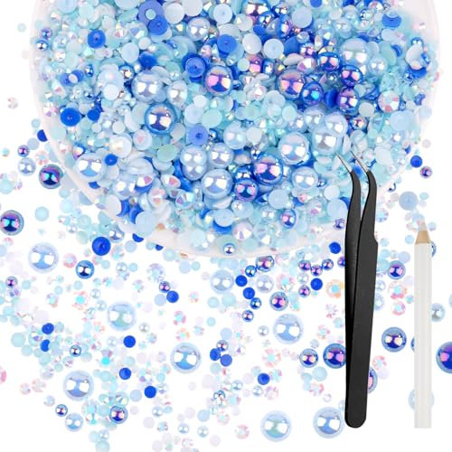 60g Flat Back Pearls, Half Round Pearls, Blue Gems, Mixed Size Half Pearls Resin, 3mm-10mm Flatback Blue Rhinestones, Satin Luster Loose Beads Gems for DIY Nail Shoes Clothes Decoration (Blue)