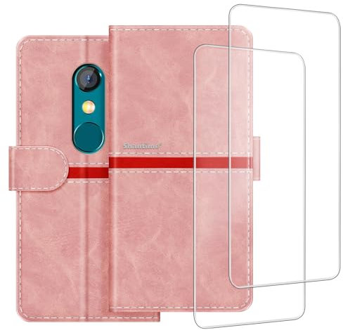 ESACMOT Handyhülle Kompatibel mit Unihertz Jelly 2 + [2 Pack] Displayschutzfolie Glasfolie, Premium Leder Magnet Schutzhülle Cover für Unihertz Jelly 2E (3 Zoll) Rosa