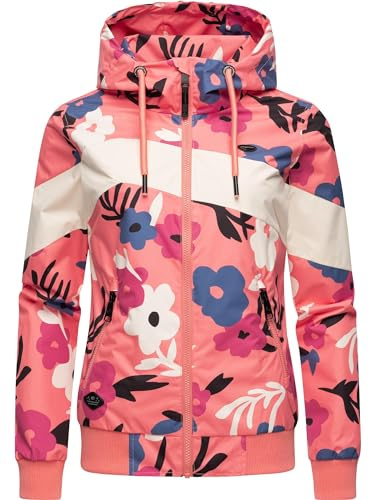Ragwear leichte wasserdichte Damen Übergangsjacke kurz Bomberjacke mit Allover-Print und Kapuze Nuggie Block Flower Coral Gr. XS