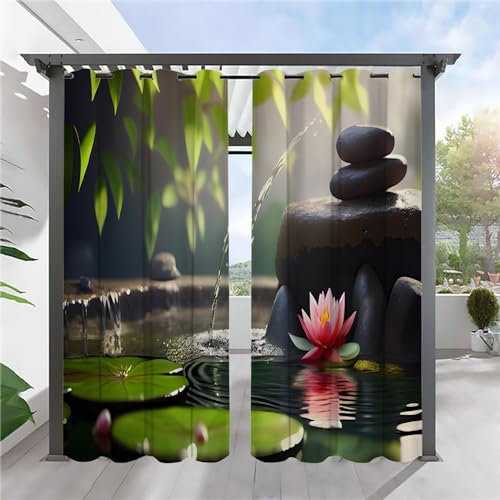 Boceoey Rideau pour Pergola Fontaine, Rideaux D'extérieur Imperméable Pierre, Rideau Occultant Thermiques Lotus avec Oeillet pour Jardin Pavillon Cabanon, 2 Panneaux 132x213 cm JL-85