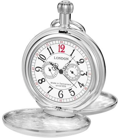Vintage Silver Train London Design Mechanische Handaufzug Taschenuhr Edelstahl Herrenuhren mit Kette, 35-dh-Silber, Klassisch