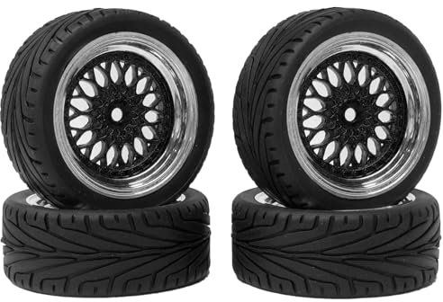 RC Auto Reifen und Räder Set,KINGCOO 4Stück 65mm Gummireifen Kunststoffbeschichtung Rad Felgen 12mm Hex für 1/10 RC On-Road Run-Flating Touring Racing Auto (Schwarz Silber)