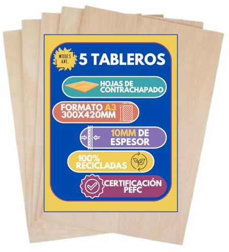 Wood's Art - 5 Tableros de Madera Contrachapada - 10mm de Grosor - Tamaño A3 300x420x10mm - Ideal para Corte por Láser, Manualidades, Pirograbado, Bricolaje, Pintura, Calado, Modelado
