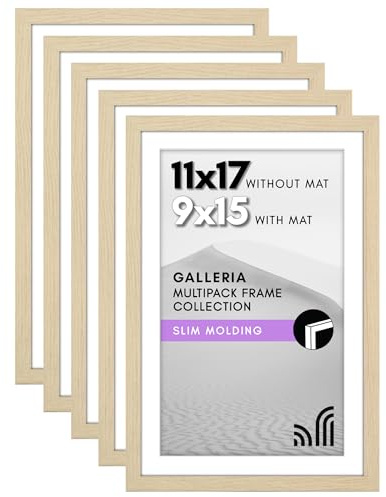 Americanflat 11x17 Picture Frame With Polished Plexiglass - Set of 5 - Use as 9x15 With Mat or 11x17 Without Mat - Galleria Collection - Gallery Wall Set for Wall - Natural Oak