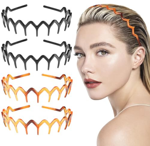 Tyqour Zickzack Haarreif 4 Stück Metall Haarreifen Unisex Damen Herren Rutschfestes Elastisches Haarbänder Multi-Style Stirnband Zubehör Gewellte Zähne Haarschmuck Haar-Accessoire für Frauen Mädchen