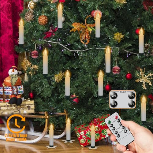 Eldnacele 10er LED Lichterkette Kerzen mit Fernbedienung, Timer und Dimmer, Kabellos Kerzenlichter mit Clip, Flammenlose Weihnachtskerzen für Tannenbaum Weihnachtsbaum, Hochzeit, Geburtstags, Party