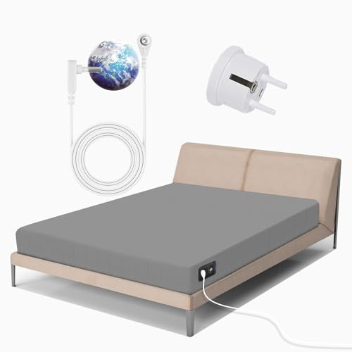 ErdungsSpannbetttücher Erdungsspannbettlaken mit EU Erdungskabel für besseren Schlaf reduziert Stress mit Bio-Baumwolle Silberfaser Leitfähige Erdungsmatte für Bett in EU-Norm 200X200X35cm Grau