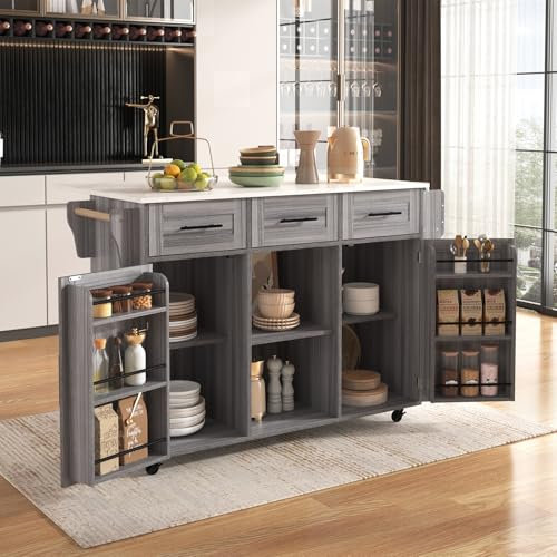DRIXNO Kücheninsel Freistehend mit Klappbarer Arbeitsplatte Küchenschrank Küchenwagen auf 5 Rollen, mit Ablage und 3 Schubladen, Gray Für Esszimmer 139x46(71) x91,5 cm