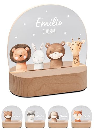 Bärenfreunde® - Personalisiertes Nachtlicht für Babys - Individuelle Nachttischlampe für Kinder - Personalisierte Geschenke Kinder - Babygeschenk - Geschenk zur Geburt (4 Tiere Punkte)