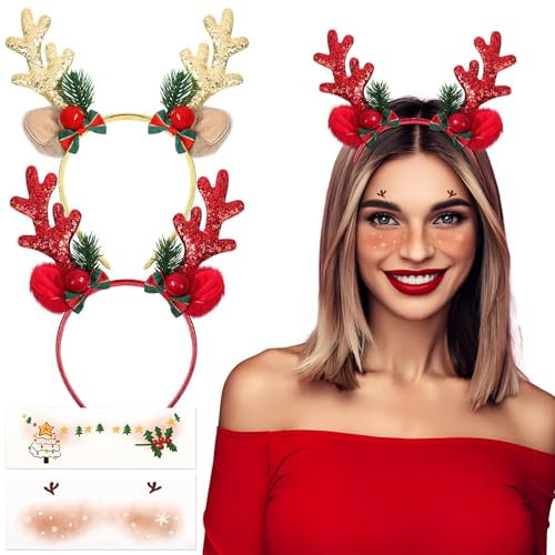 BOFUNX 2pcs Bandeaux de Cerf Noël Serre-tête Renne de Noël à Paillettes + 2pcs Tatouages de Visage Noël pour Adultes Enfants Décorations de Fête de Noël