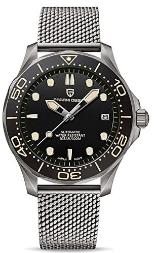 Pagani Design 007-Model 1667 Herren-Automatikuhren, NH35-Uhrwerk, Edelstahl, 100 m wasserdicht, selbstaufziehende Armbanduhr, Netzstoff (Schwarz), Armband
