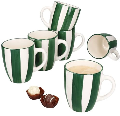 MamboCat 6er Set Wald grün Kaffeebecher I 320 ml I Steingut-Tassen mit Henkel & grünen Streifen I 6 Personen I für Glühwein, Latte Macchiato & Co I Weihnachten