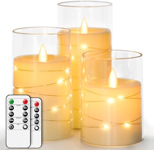 salipt LED Flameless Candles, Battery Operated Flickering Candles, Moving Flame Electric Candle Sets Glass Effect with Remote Timer, Set of 3, H 4 5 6 - Fairy Lights Ivory