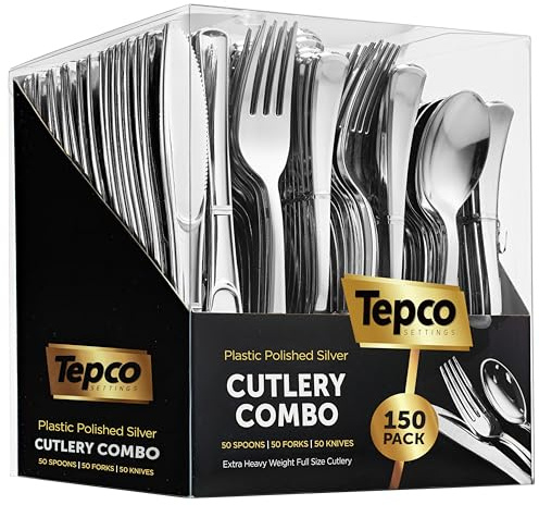 Tepco Settings 150 Silver Plastic Cutlery Set - Silver Plastic Cutlery Set - Silver Disposable Cutlery - 50 Silver Plastic Forks, 50 Plastic Spoons