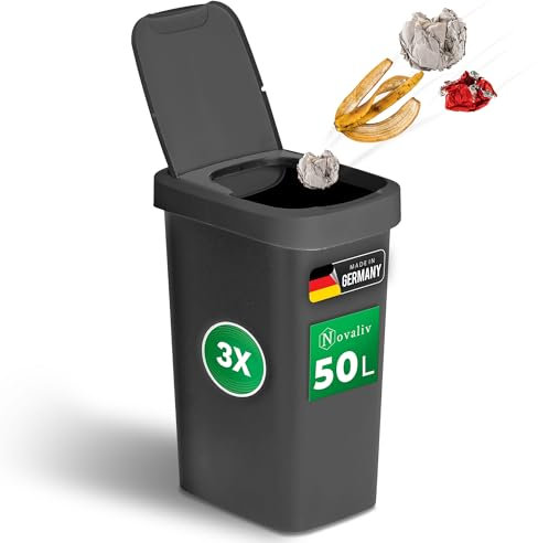 Novaliv 3er-Set Mülleimer 50L mit 2in1 Deckel, Klappdeckel & Schwingdeckel, Anti-Geruch Abfalleimer für Küche Haushalt Büro, Müll Eimer Abfall Trash Bin Kunststoff Abfallbehälter Mülltonne