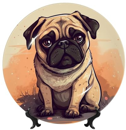 LHCVSFGW Dekorativer Teller aus Knochenporzellan, Mops, Cartoon-Keramik-Dekoteller mit Präsentationsständer, runde Speiseteller, 25,4 cm, hängende Keramik-Ornamente, Kunsthandwerk für Büro, Wand
