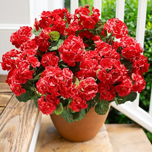 Flores artificiales de geranio para decoración al aire libre, 6 paquetes de geranios de seda, flores rojas, aspecto resistente a los rayos UV, plantas artificiales reales para puerta delantera, jardín