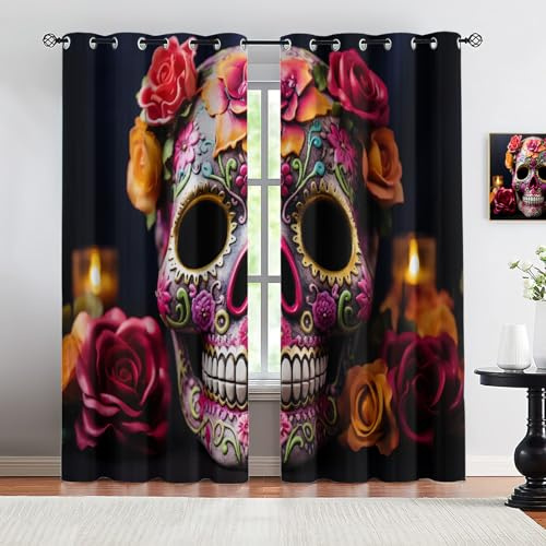 HYGIUID Raumteiler-Vorhänge mit Totenkopf-Motiv, Blumenmuster, Calavera-Skelett, Kinderzimmer, Día de Muertos, Volkskunst, wärmeisolierter Vorhang zum Schutz der Privatsphäre, 168 x 137 cm, 2 Paneele