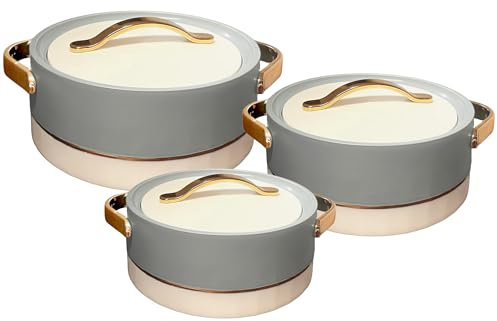 Rishabh Insulated Hot pot Casserole Hot & Cool Food Serving Dish with Lid, Double Wall. Stainless Steel Inside Set of 3 (Size 1500,2000, & 2500ml) (Forest Green-Gold Handle)