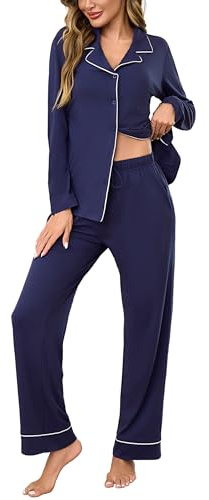 Bresdk Pigiama Donna Caldo Cotone con Bottoni Vestaglia Parto Ospedale Comodo Pantaloni Lunghi Manica Lunga Pigiami Set Aperto Davanti Blu M