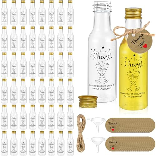 LYCN 100 Pack Reusable Mini Liquor Bottles, 2oz/50ml Mini Plastic Miniature Liquor Bottles Small Empty Shot Bottle bulk with Caps 2 Funnels 100 Tags Ropes for Christmas Weddings Parties Favors
