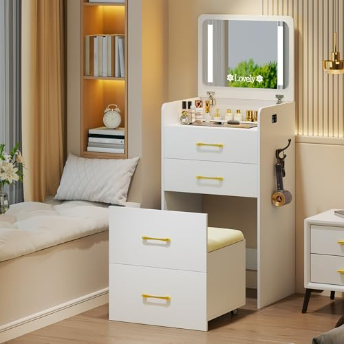 Gurexl Small Vanity with LED Mirror and 3 Drawers forBedroom, Compact Dressing Table with Cushioned Storage Stool andWheel, Modern furniture sets,for Dressing Room,Powder Room,Girl, Gift,White