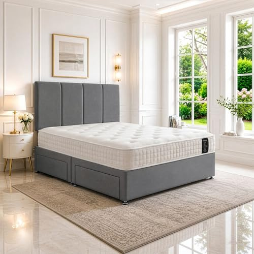 King Divan Bed with Orthopedic, Posture Support, Multi-Layer Pocket Sprung Mattress, Headboard & 2 Storage Drawers – Plush Grey Fabric, 5FT UK Made, Luxury, Space-saving, Bedroom, Guest Room