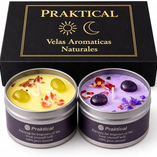 Velas Aromáticas de Soja Natural – Pack 2 Velas Perfumadas Decorativas – Regalo Mujer Original – Con Cristales Naturales – Aromaterapia Lavanda, Cedro y Canela – Sin Parafina