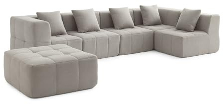 MILYsofa Modulares Wohnlandschaft 5-Sitzer mit Ottomane, Bouclé-Bezug Steinbeige, 6-teilig, Abnehmbare Kissenbezüge (Steinbeige, Wohnlandschaft)