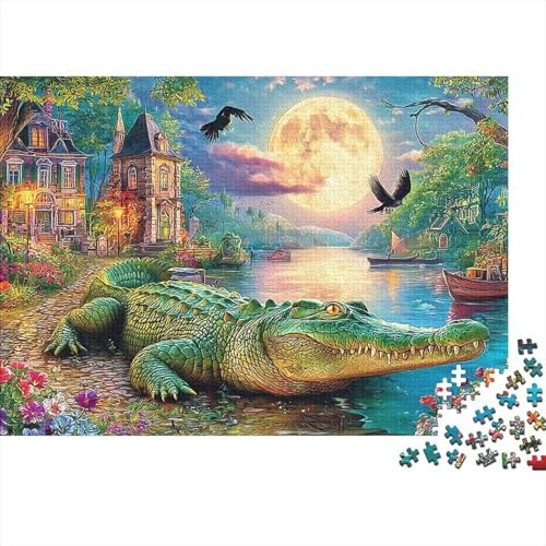 Moonlit Crocodile Scene 1000 Piece Thick Cardboard Puzzle Moonlit Lake & Tree Family Game Logic Skill After-school Activity Recycled Paper Viral Puzzle 52x38cm/1000pcs