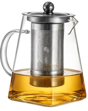 M.J COMFY-LIFE Square Glass Teapot with Infuser Heat-Resistant Borosilicate Glass Tea Pot with Removable Stainless Steel Strainer Loose Leaf Teapot with Ergonomic Handle Teapot (350ML)