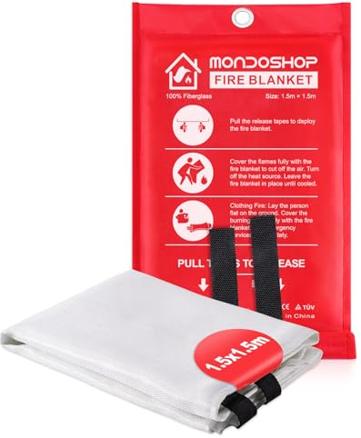 Mondoshop Löschdecke für Fettbrände, 1,5x1,5 m, 1 Set | CE-geprüft, sofort einsatzbereit, Wandmontage, Großformat, wartungsfrei, für Zuhause, Lager, Wohnzimmer