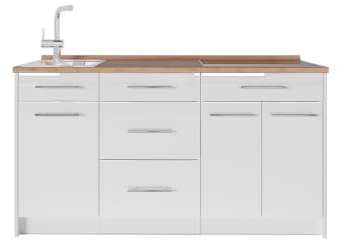 Vicco Köksblock Fame-Line, Vit högblank/Vit, 150 cm, AP Oak, för individuell expansion med kompatibla moduler