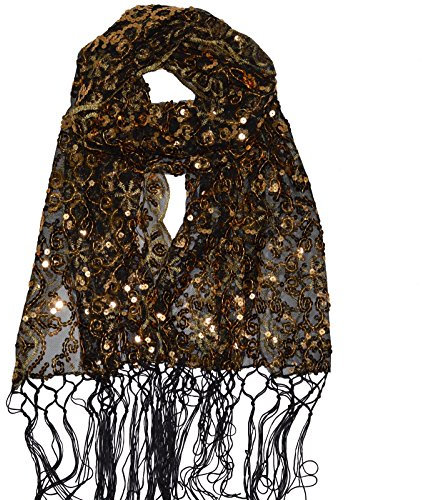 Schal Tuch Pareo Schleier Stola Tüll Pailletten Glänzend Hochzeit Party Tanz Schultertuch (Schwarz-Gold)