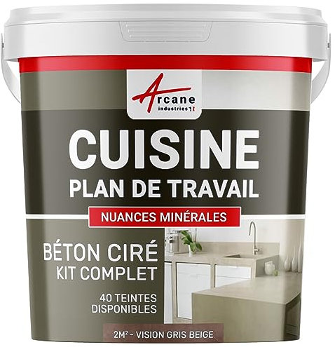 Béton ciré cuisine, plan de travail, crédence, évier, sol et mur, revêtement mural décoratif, kit complet - 2 m² (en 2 couches) Vison Gris Beige - ARCANE INDUSTRIES