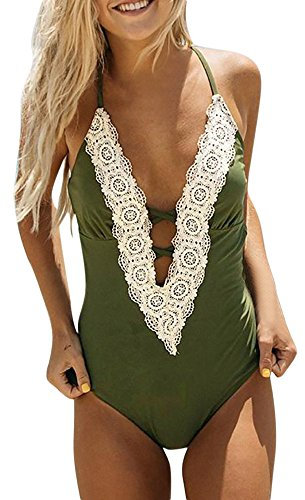 Xmiral Badeanz黦e Bademode Mode Damen Vintage Lace Einteiliger Strandkleidung Bikinis R點kenfrei Bauchweg(XL=DE38-40,Gr黱)
