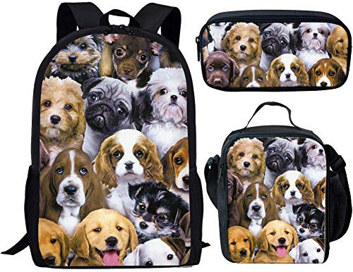 Smileygirl Jungen Rucksack mit Lunchbox Elementar Tierdruck Büchertaschen Mädchen Teens Schultasche Junior Set von 3, Welpe Hund, One_Size, Daypack Rucksäcke