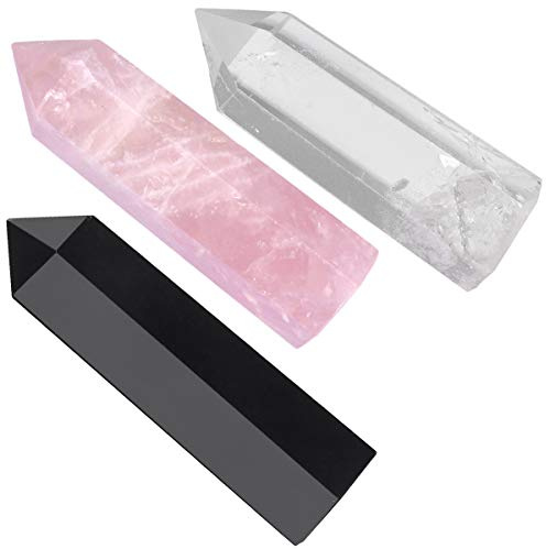 mookaitedecor Packung mit 3 natürlichen Kristall punkt, Heilkristall-Stäbe Facettiert Aura Rock Obelisk Tower für Reiki Chakra Therapie Meditation, Rosenquarz & Bergkristall & Obsidian