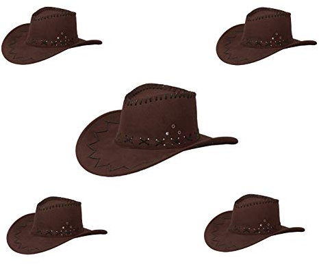 Alsino Cowboyhut Cowboy Hut 5er Set Damen Braun Frauen Karneval Westernhut Unisex Kostümzubehör Fasching Kunstleder Kopfbedeckung