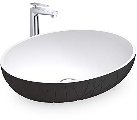 BERNSTEIN Aufsatzwaschbecken LEO 50 x 40 cm aus Mineralguss – Ovales Waschbecken mit individueller Musterung, Waschschüssel in Schwarz/Weiß matt mit Ablaufgarnitur – Ideales Handwaschbecken für Bäder