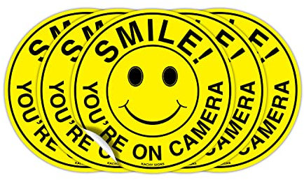 (Set of 5) Smile You're On Camera Sign - 4.5 Circle - 4 Mil Vinyl - Laminated for Ultimate Protection & Durability - Self Adhesive Decal - UV Protected & Weatherproof - Heavy Duty