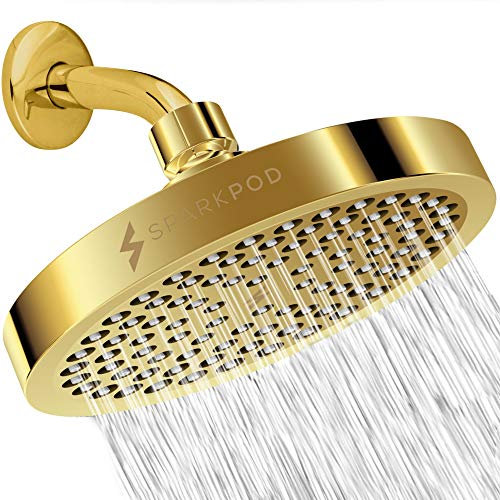 SparkPod Fixed Shower Head - High Pressure Rain - Luxury Modern Chrome Look - Easy Tool Free Installation - The Perfect Adjustable Replacement (Gold, 15cm Round)