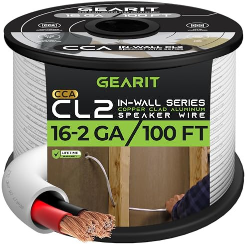GearIT 16/2 Speaker Wire (100 Feet) 16 Gauge (Copper Clad Aluminum) - Fire Safety In Wall Rated Audio Speaker Wire Cable / CL2 Rated / 2 Conductors - CCA, 100ft