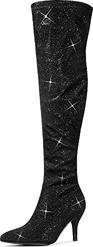 Allegra K Damen Glitzerstiefel mit spitzem Zehenbereich, Stiletto-Absätze, Overknee-Stiefel