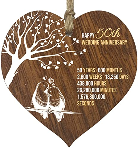 50th Wedding Anniversary Wooden Heart Plaque, Dark Wood Sign Keepsake, Celebrate Golden Anniversary Wife Husband Boyfriend Girlfriend, Plaque with Quotes Gifts from the Kids