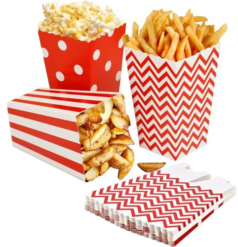 24 Stück Popcorn Boxen, Rot - Snack Container für Partysnacks, Pommes, Geschenktüten - Kino Zubehör für Weihnachten